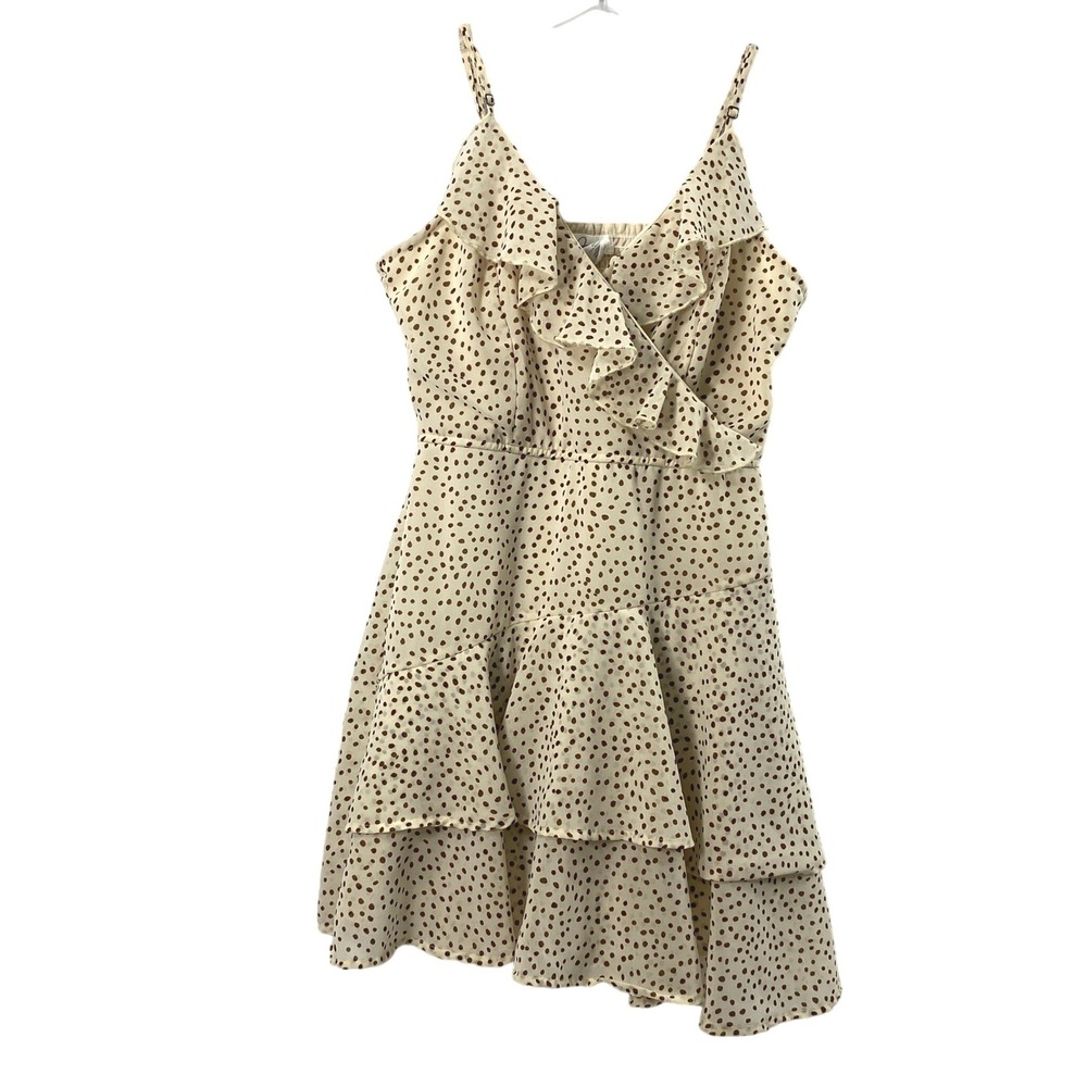 Womens Jumpsuit Size Medium Polka Dot Romper Ruffle Tiered Smocked Cream Brown